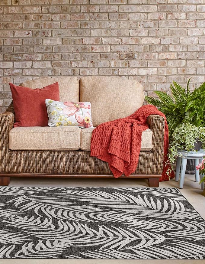 Unique Loom Outdoor Botanical Collection Area Rug - Palm (10' Square Charcoal/Ivory)