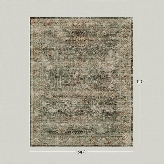 Boho 8x10 Moss Green Area Rugs for Living Room, Bedroom, Cottagecore Vintage Abstract Distressed Washable Rug for Dining Room, Stain Resistant Low Pile Non-Slip Ultra Soft, Moody Décor