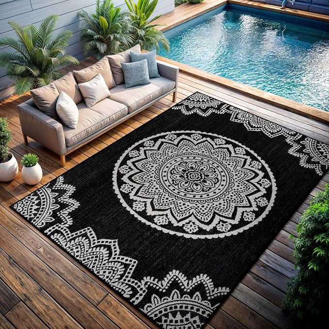 CAMILSON Outdoor Rug 10x14 Modern Large Area Rugs for Indoor and Outdoor Patios and Porches - Washable Non-Shedding Easy-to-Clean Outside Carpet (10 x 14 Medallion - Black/White)