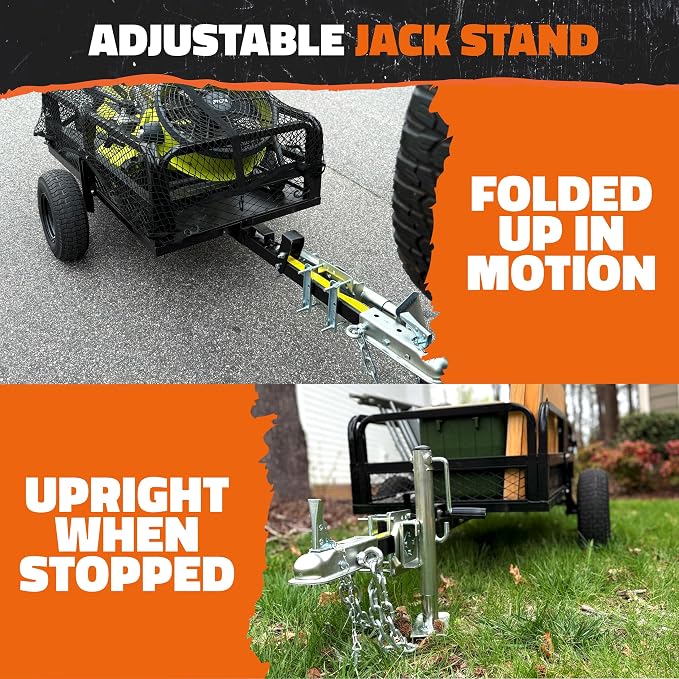 Mockins Heavy Duty 750 Lbs. Capacity UTV ATV Utility Trailer w/Cover & Net | Lawn Mower Trailer w/ Ramp, Jack Stand & 16" Wheels | Off-Road Steel Garden Dump Cart for Lawn Tractor , ATV Cart & More