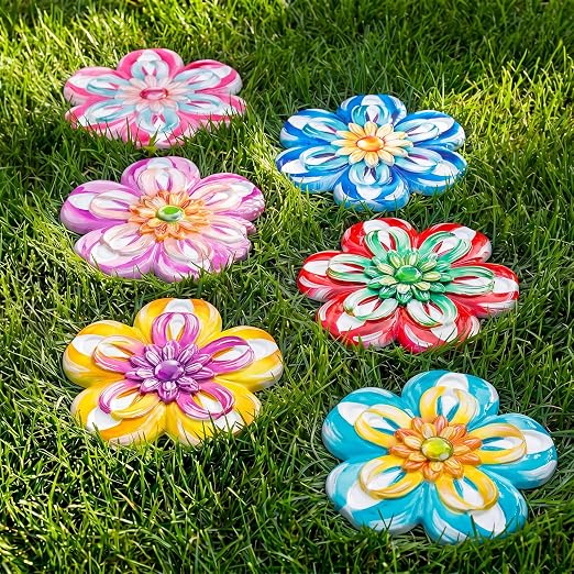 Landical 6 Pack Decorative Stepping Stones for Garden 10 Inch Cement Flower Stepping Stones Decoration for Patio Walkway Yard Outdoor (Flower)