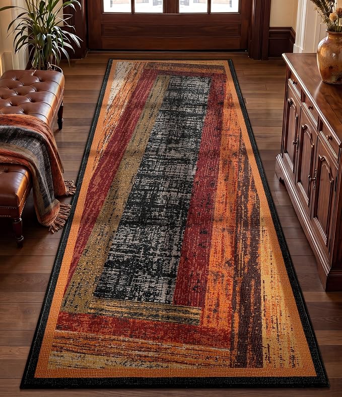 Brown Geometric Woody Runner Rug 2x6,Vintage Bedroom Rug,Retro Farmhouse Rugs Washable for Hallway Non Slip, Boho Area Rug for Kitchen,Dining Room,Living Room,Bedroom
