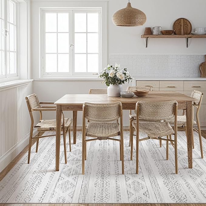 Tortania Area Rug Living Room Rugs - 9x12 Washable Large Soft Neutral Boho Moroccan Bohemian Farmhouse Rug Indoor Floor Carpet for Bedroom Under Dining Table Home Office Decor - Ivory Gray