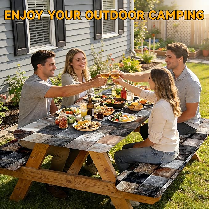NYZE 3 Pieces Picnic Table Cover with Bench Covers Set, Camping Tablecloth, Tablecloth Cover with Drawstring Bag, Camping Essentials for Outdoor Picnics, Patio, BBQ (Stone Tile)
