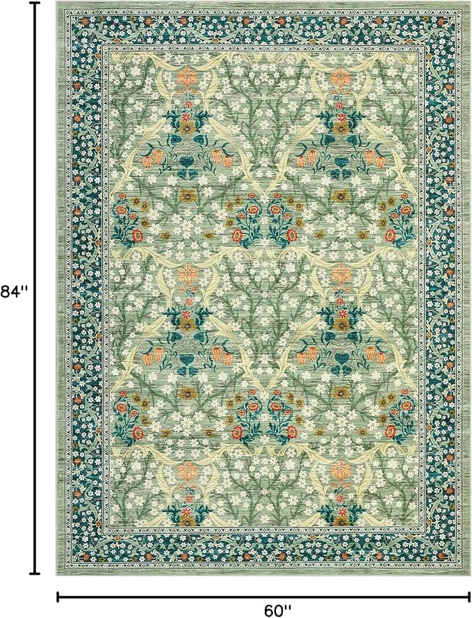 GarveeHome Sage Green Floral 5x7 Washable Area Rug for Living Room Bedroom | Vintage Low-Pile Non-Slip Carpet Soft Stain Resistant Rugs for Large Room Botanical Boho Rug TPE Backing