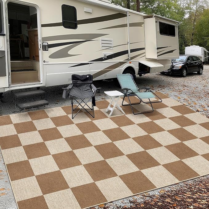 GarveeHome Checkered Easy Jute Area Rug 10x13 Machine Washable Non-Slip Stain Resistant Indoor Outdoor Rugs for Living Room, Bedroom, Kitchen, Dining, Patio Farmhouse Style Brown