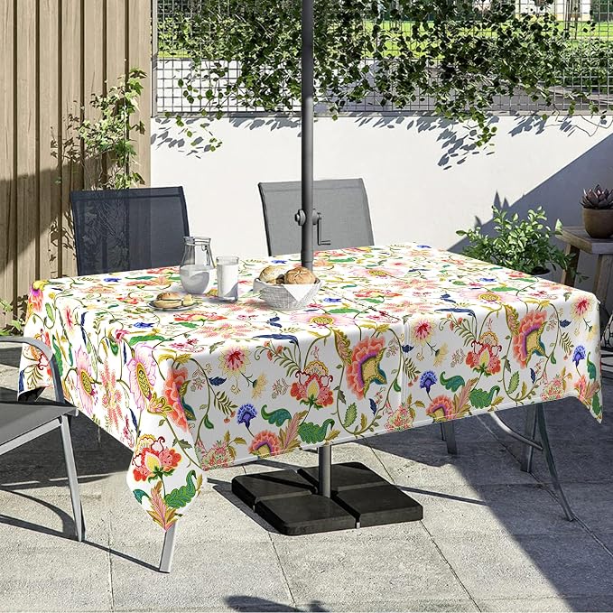 Outdoor Tablecloth with Umbrella Hole and Zipper, Rectangle Patio Table Covers for Spring/Summer, Machine Washable Outdoor Picnic Table Cloth (Jacobean Floral, 60" × 120" Rectangular)