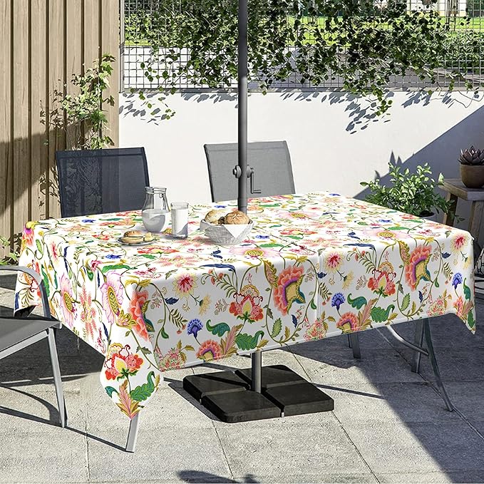 Outdoor Tablecloth with Umbrella Hole and Zipper, Rectangle Patio Table Covers for Spring/Summer, Machine Washable Outdoor Picnic Table Cloth (Jacobean Floral, 60" × 102" Rectangular)
