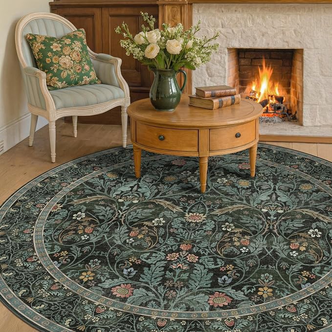 Dark Green 6ft Round Rugs for Dining Room, Living Room, Kitchen, Botanical Floral Washable Circle Area Rug for Bedroom, Traditional Oriental Moody Home Decor Circular Carpet