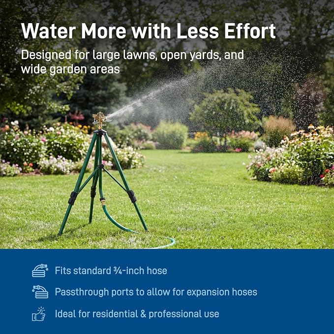 Orbit 1/2 Inch Brass Impact Sprinkler - Adjustable Metal Tripod - Long Range Lawn Watering System - 360 Degree Rotating Sprinkler - Heavy Duty Irrigation System - Adjustable 22-48 Inch Height - 58308