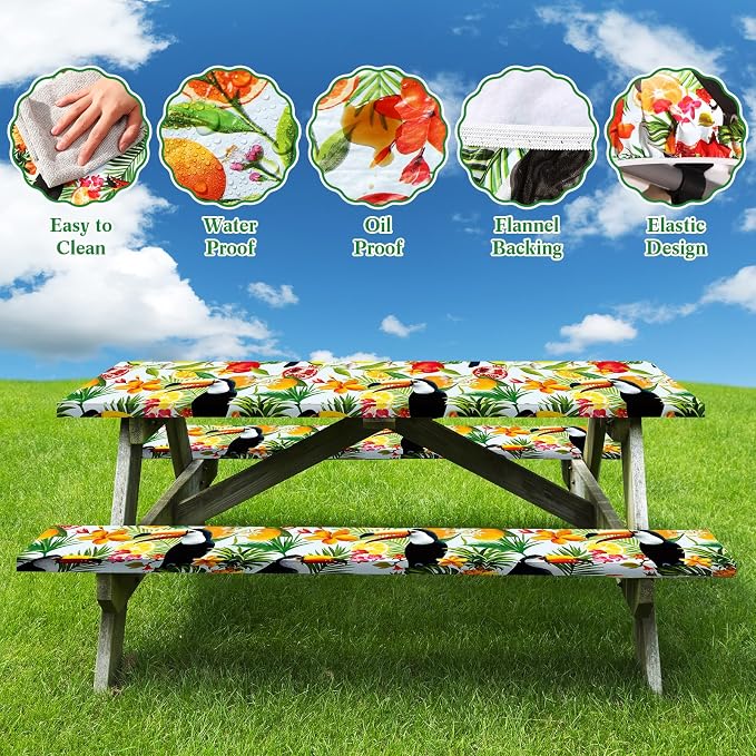 Boao 3 Pcs Vinyl Picnic Table Cover with Bench Cover 6 ft 30 x 72 Inch Waterproof Fitted Tablecloth Flannel Backing Rectangular Elastic Edged for Camping Outdoor Patio Travel(Toucan)