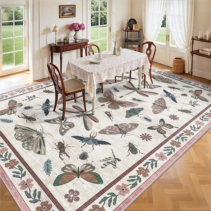 8x10 Area Rugs, Insect Ultra Soft Washable Rug Non Slip with Rubber Back, Stain Resistant Rugs for Living Room, Bedroom, Dining Room, Kids Room(Pink Butterfly)