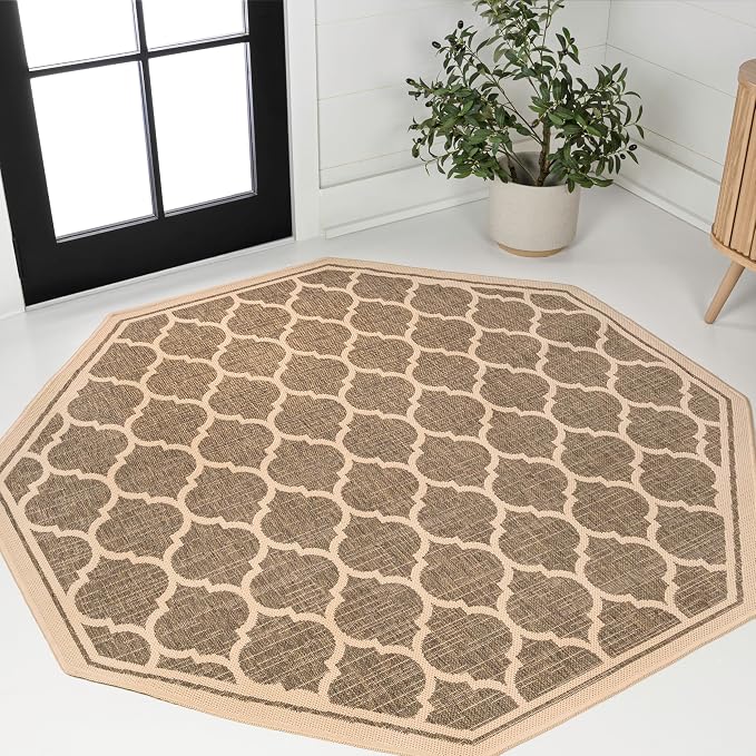 JONATHAN Y Moroccan Trellis Indoor Outdoor Octagon Area Rug 8 Ft Brown/Beige, Trebol Textured Weave for Backyard, Patio, Porch, Easy-Cleaning, High Traffic, Pet-Friendly, Non-Shedding (SMB109A-8TGN)