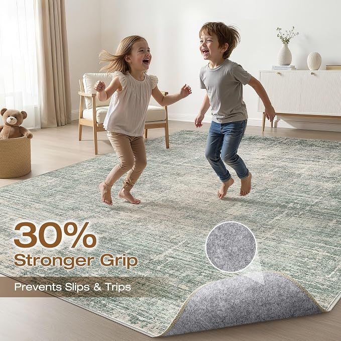 LOONGRUG 10x12 Area Rug Washable Neutral Modern Living Room Rug Sage Green | Large Abstract Soft Stain Resistant Indoor Non-Slip Carpet for Bedroom Nursery Kids Office Playroom Dining Room