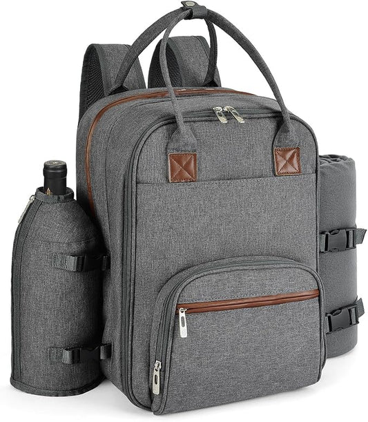 ALLCAMP Picnic Backpack, 2-Person Set with Blanket and Wine Holder, Gray | Insulated compartment, padded straps, Oxford fabric, couple gifts, family, camping, beach, climbing, parks, hands-free