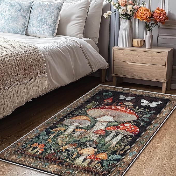 Botanical Mushroom Area Rug for Living Room Vintage Butterfly 3x5 Entryway Rug Modern Farmhouse Mushrooms Rugs Non Slip Low Pile Machine Washable Floor Carpet for Indoor Bedroom Dining Room Kitchen