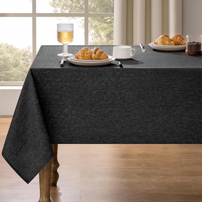 Decorelia Faux Linen Farmhouse Table Cloth 60"x104" for 6 ft Rectangle Table, Black Waterproof Outdoor Washable Cloth Tablecloth for Rectangular Dining Room Kitchen Outdoor Party Restaurant Decor