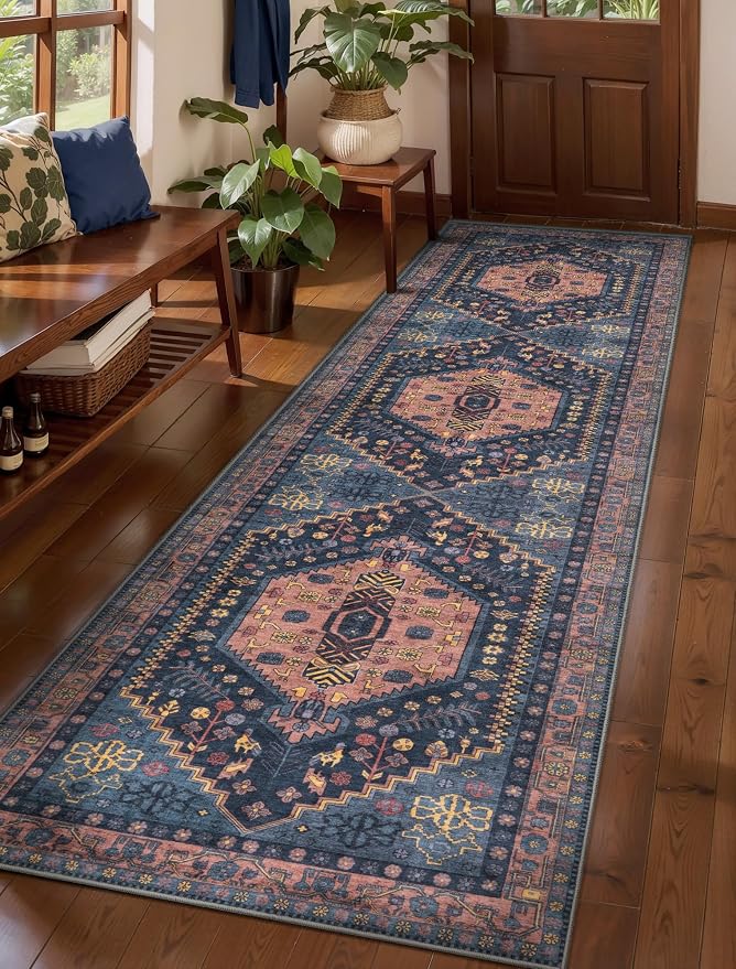 Ciicool 3x8ft Hallway Rug,Long Runner Navy Rugs for Vintage Kitchen Decor | Oriental Non-Slip Thin Vintage Indoor Soft Boho Entry Carpet for Entryway Bedroom Bedside Living Room Laundry Bathroom