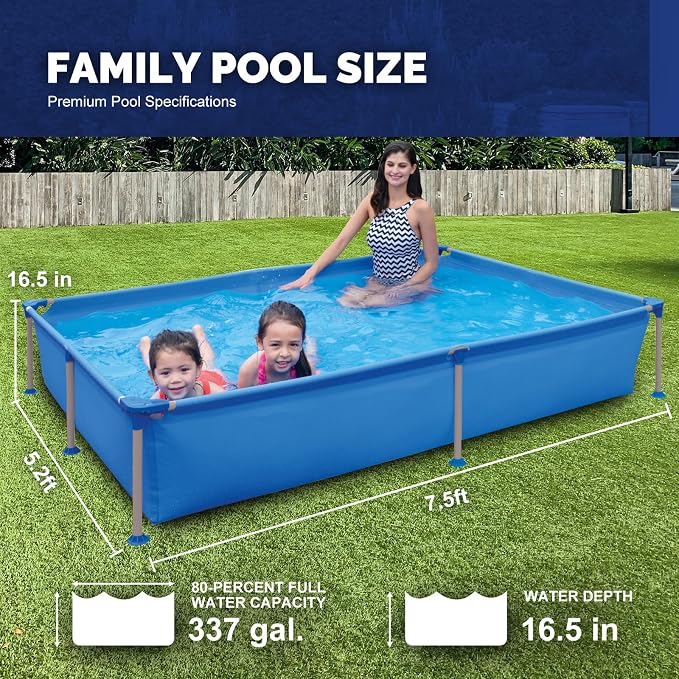 DIMAR GARDEN Above Ground Swimming Pool for Adults, Outdoor Rectangular Steel Frame Swimming Pool for Backyard Lawn Family, 7.5ft x 5.2ft x 16.5in