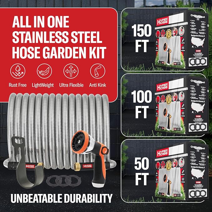 Best 50 ft Metal Garden Hose Set - No-Kink Durable 316 Stainless Steel, 10-Way Zync Spray Nozzle & Hook – Tough Flexible Heavy Duty Water Hoses, 5/8 in, Rust, Weather, LeakProof