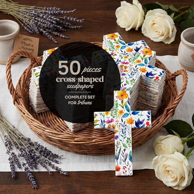 Plantable Wildflower Seed Paper - 50pcs Floral Cross-Shaped for Funeral Favors, Memorial Gifts, & Sympathy Gifts for Loss of Father and Mother