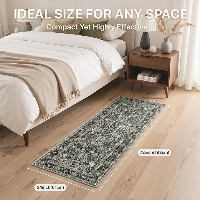 2.5x7 Kitchen Runner Rug, Washable Non Slip, Black | Vintage Floral Design, Spill Resistant Lightweight Low Pile Carpet for Hallway, Bedroom, Laundry Room, Bathroom