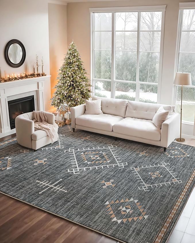 ILANGO Area Rug 9'x12' for Living Room Bedroom Washable Moroccan Boho Rugs for High Traffic Area Non Slip & Non-Shedding Rugs Fade Resistant Carpet for Kitchen Office