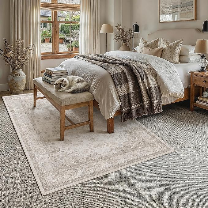 Beige 5x7 Washable Area Rug Bedroom Vintage Distressed Carpet | Soft Low Pile, Non Slip, Stain Resistant, Traditional Retro Decor for Dining Room, Living Room, Office, Kids Room