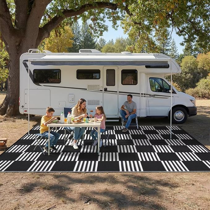 Garvee Waterproof Outdoor Rug 9x12, Checkered Foldable Plastic Straw Patio Camping Rug, Outdoor RV Carpet for Deck Camper Porch Balcony Backyard Picnic Beach Black and White