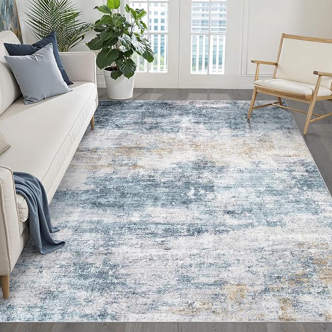 LOONGRUG 6x9 Area Rug Washable Neutral Modern Rug for Living Room Blue Gold | Abstract Soft Stain Resistant Indoor Non-Slip Carpet for Bedroom Nursery Kids Office Playroom Dining Room