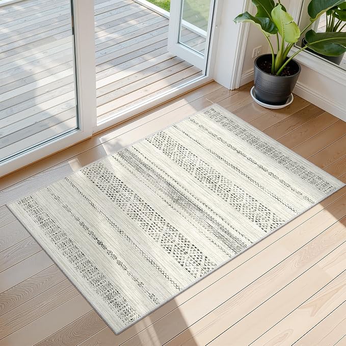 Miukiki 2x3 Entryway Rug Washable Non Slip Moroccan Area Rugs Grey | Soft Low Pile Kitchen Rug for Bedroom Bathroom Floor, Indoor Small Rug Easy Clean Machine Washable Rugs 2'x3'