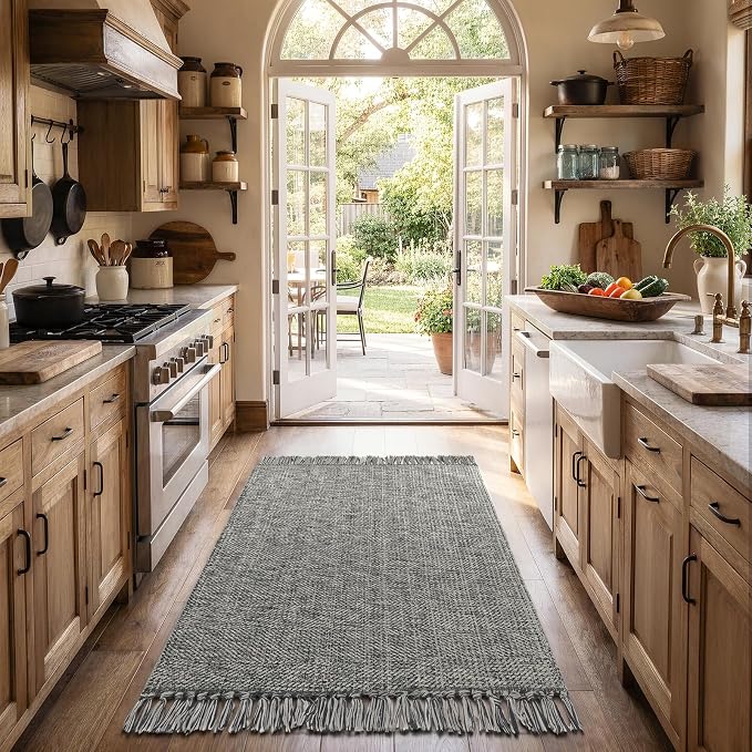 3' x 5' Indoor Entryway Rug, Boho Modern Grey Washable Kitchen Rug | Cotton Blend Hand-Woven Bedside Rug, Farmhouse Braided Indoor Door Mat, Reversible Throw Carpet for Bathroom Laundry