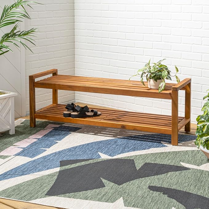 JONATHAN Y Blane 51" Solid Acacia Wood Backless Outdoor Bench with Shoe Storage Shelf, Minimalist Slatted Entryway and Patio Seating, Heavy-Duty 600 lbs Capacity, Teak Finish BNH102A
