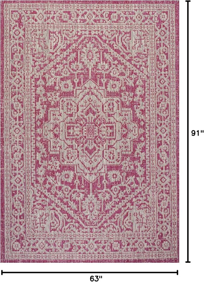 JONATHAN Y Medallion Weave Indoor Outdoor Area Rug 5X8 Fuchsia/Light Gray, Sinjuri Textured for Backyard, Patio, Porch, Easy-Cleaning, High Traffic, Pet-Friendly, Non-Shedding (SMB101G-5)