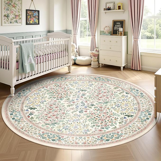 6FT Round Area Rugs, Machine Washable Low Pile Floral Rugs for Living Room, Bedroom, Large Boho Area Rug with Non-Slip Backing for Dining Room(Pink Floral)