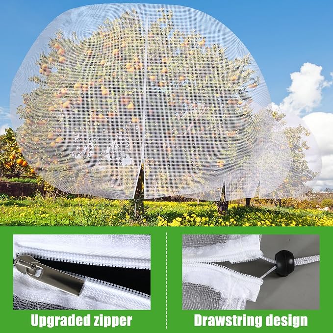 2 Pcs 15 x 15 ft Large Fruit Tree Netting for Protecting Fruit from Squirrels Birds Bug Deer & Rat Garden Mesh Netting with Zipper and Drawstring for Blueberry Peach Apple Garden Bushes