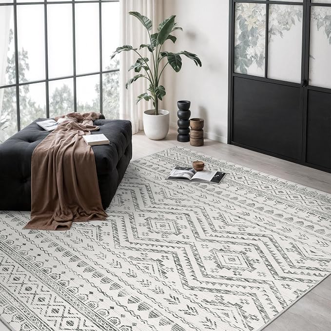 Miukiki 5x7 Washable Area Rug for Living Room, Soft Non Slip Rug Grey | Non-Slip Thin Throw Rug for Bedroom Kitchern Dining Room Office, Low Pile Indoor Floor Carpet with Vintage Pattern 5'x7'
