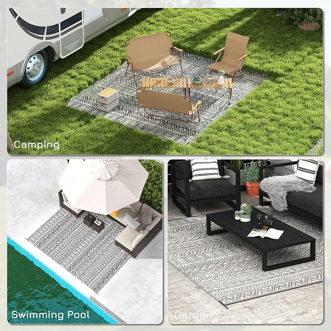 Outsunny Outdoor Rug for Patio, 8' x 10' Waterproof Large Mat, Reversible Plastic Straw Rug for Decor, Portable Outside RV Camping Area Carpet Mat for Backyard Porch Deck Picnic, Gray & Cream Boho