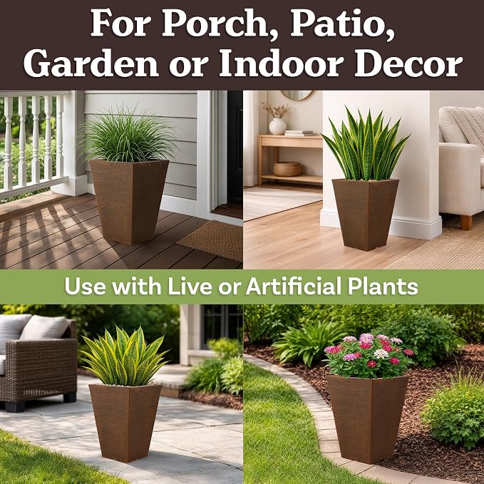 Large Outdoor Planters 2-Pack - 13.75-Inch Tall Planters for Outdoor Plants or Indoor Pots for Plants - Plastic Flower Pots for Patio, Entryway, or Front Porch Decor by Pure Garden (Bronze)