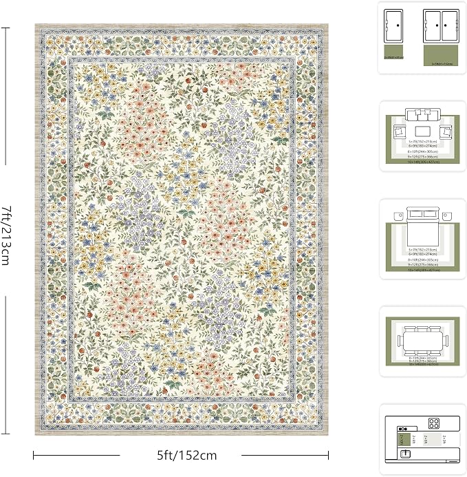 5x7 Area Rugs, Vintage Washable Rug for Bedroom, Indoor Non-Slip Rugs for Living Room, Dining Room, Low Pile Home Decor Floral Rug(Beige Floral)