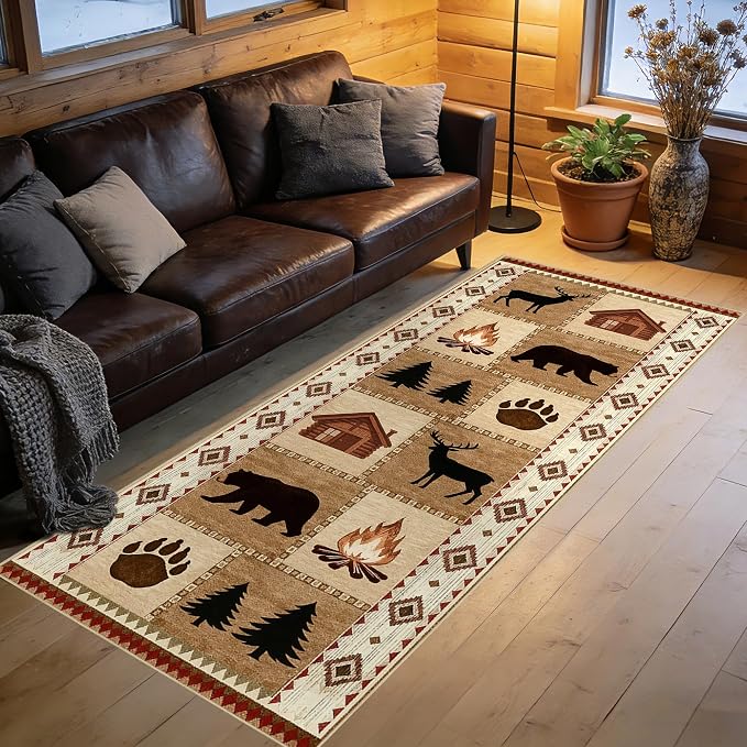Cabin Bear Deer 2x6 Runner Rug Rustic Lodge Wildlife Hallway Rug Country Farmhouse Western Long Floor Carpet Machine Washable Non-Slip Printed Low-Pile for Kitchen Bedroom Bathroom Laundry