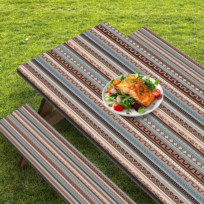 Picnic Table Cover with Bench Covers Elastic Edges, Blue Brown Tripes Camper Fitted Table Cover, Outdoor Patio Camping Essentials 72 Inch 5PCS, Waterproof Camping Fitted Tablecloth with Drawstring Bag