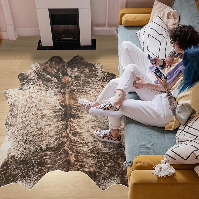 Brown Faux Cowhide Rug 4.6x5.2ft Washable Cowhide Rug | No-Slip Low Pile Animal Print Western Decor for Living Room Bedroom Kitchen Bathroom-No Fur
