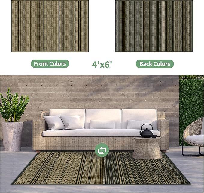GENIMO Outdoor Rug for Patio Clearance, 4'x6' Reversible Plastic Straw Rugs, Lightweight Waterproof RV Camping Mat for Camper, Balcony, Deck, Backyard, Picnic, BlackBrown