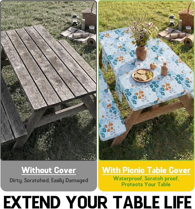 Picnic Table Cover with Bench Covers Tablecloth Glamping Essentials Travel Vacation Table Cloth Outdoor Cool Unique Fun Ideas Gifts for Camper Camping Lovers RV Owner Family Couple Women Female Mom