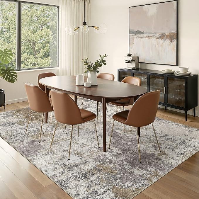 Nakagishi 10X12 Abstract Washable Area Rugs for Living Room-Brown Grey | Modern Non-Slip Silicone Backing Low Pile Soft Carpet for Bedroom Dining Decor Ideal for Families with Kids and Pets
