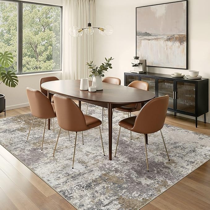 Nakagishi 10X14 Abstract Washable Area Rugs for Living Room-Brown Grey | Modern Non-Slip Silicone Backing Low Pile Soft Carpet for Bedroom Dining Decor for Families with Kids and Pets
