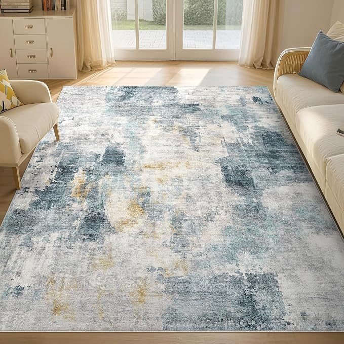 Tortania Washable 5x7 Area Rug for Living Room: Modern Abstract Neutral Large Soft Thin Rugs - Non Slip Indoor Carpet for Bedroom Dining Room Office Nursery Home Floor Decoration - Blue