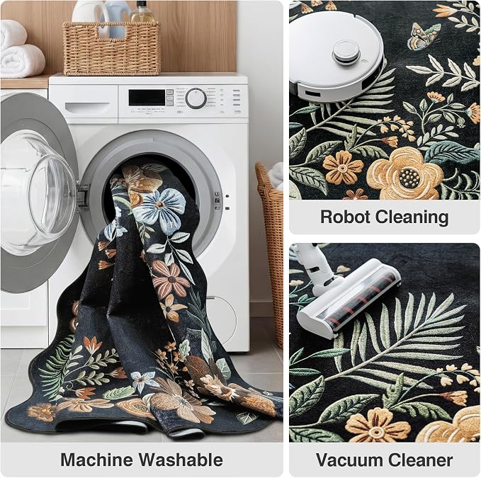 FMFUNCTEX 6x9 Washable Black Floral Vintage Flower Area Rug for Living Room | Colorful Traditional Boho Distressed Soft Non Slip Low Pile Large Indoor Thin Carpet Bedroom Dining Room Nursery, Black/Grey