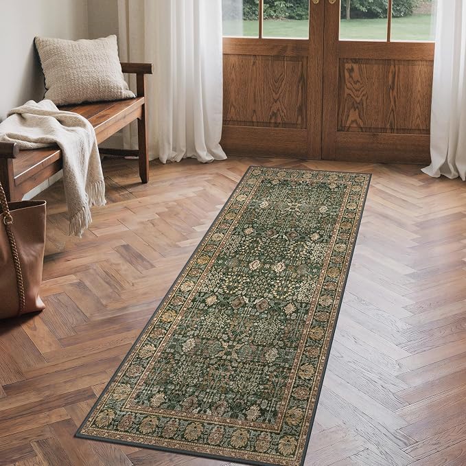 2x7 Kitchen Runner Rug, Washable Non Slip, Dark Green Brown | Vintage Floral Design, Spill Resistant Lightweight Low Pile Carpet for Hallway, Bedroom, Laundry Room, Bathroom